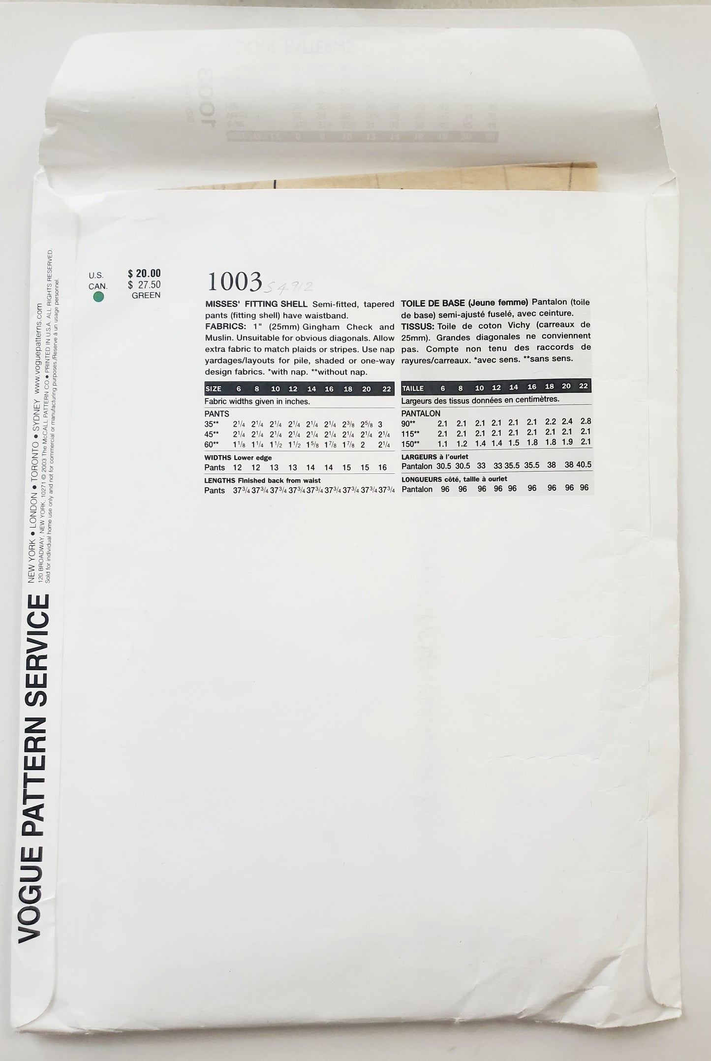 VOGUE Sewing Pattern 1003 Misses Fitting Shell for Tapered Pants Size 8