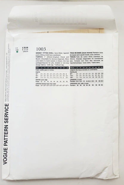 VOGUE Sewing Pattern 1003 Misses Fitting Shell for Tapered Pants Size 8