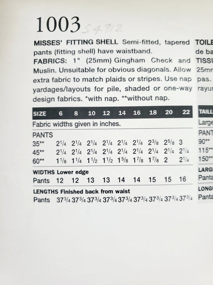 VOGUE Sewing Pattern 1003 Misses Fitting Shell for Tapered Pants Size 8