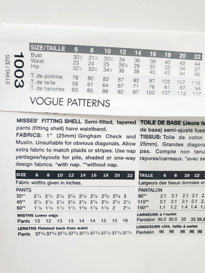 VOGUE Sewing Pattern 1003 Misses Fitting Shell for Tapered Pants Size 8