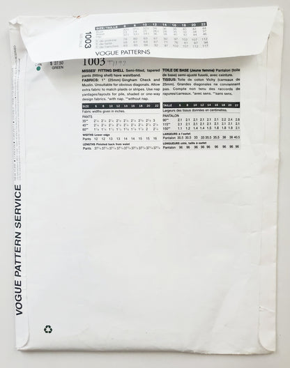 VOGUE Sewing Pattern 1003 Misses Fitting Shell for Tapered Pants Size 10