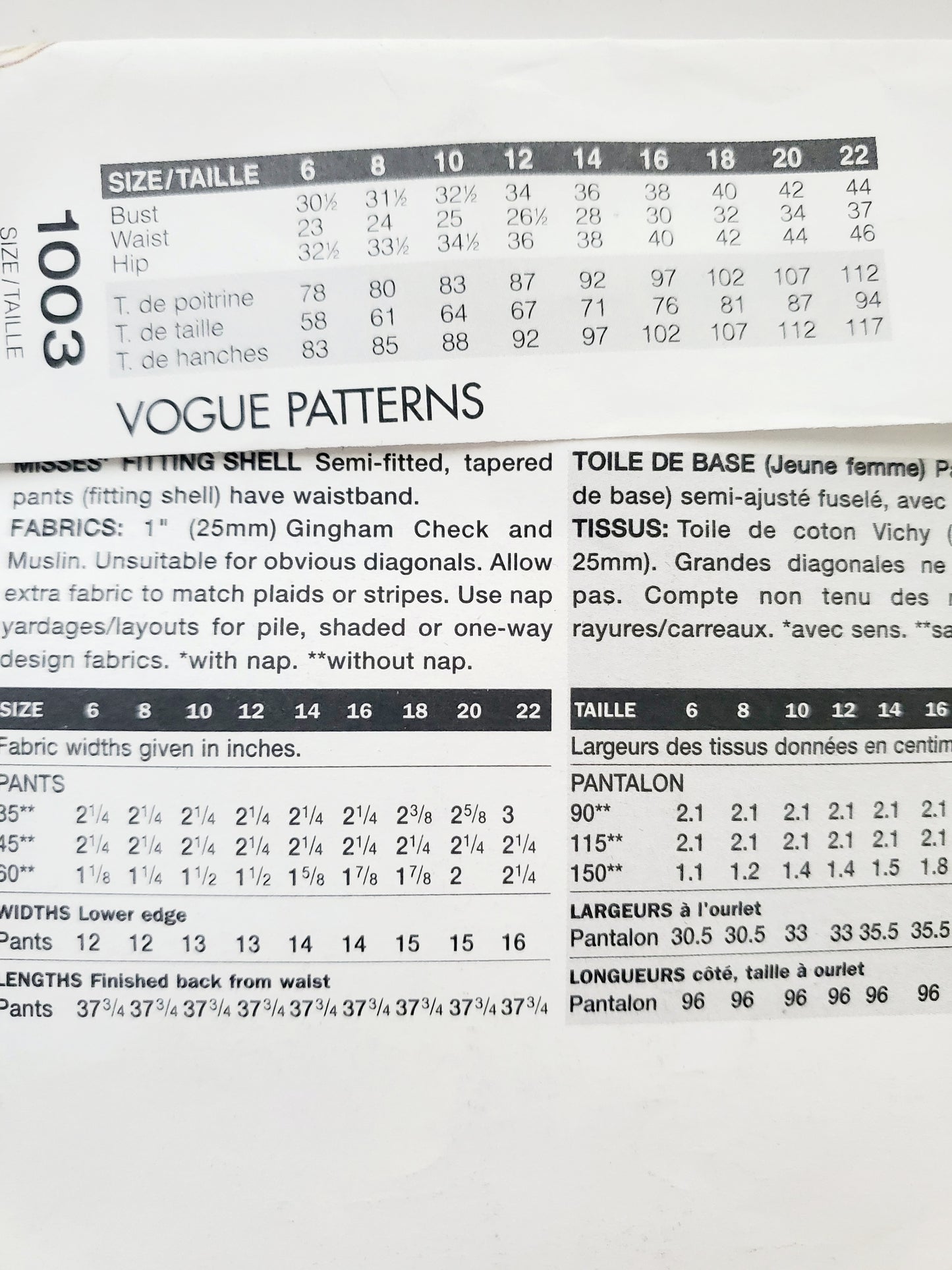 VOGUE Sewing Pattern 1003 Misses Fitting Shell for Tapered Pants Size 10