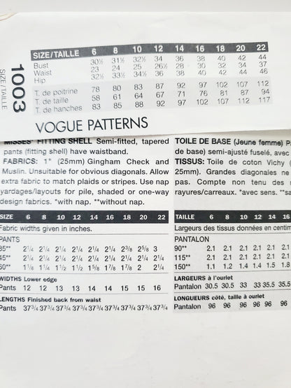 VOGUE Sewing Pattern 1003 Misses Fitting Shell for Tapered Pants Size 10