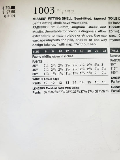 VOGUE Sewing Pattern 1003 Misses Fitting Shell for Tapered Pants Size 10