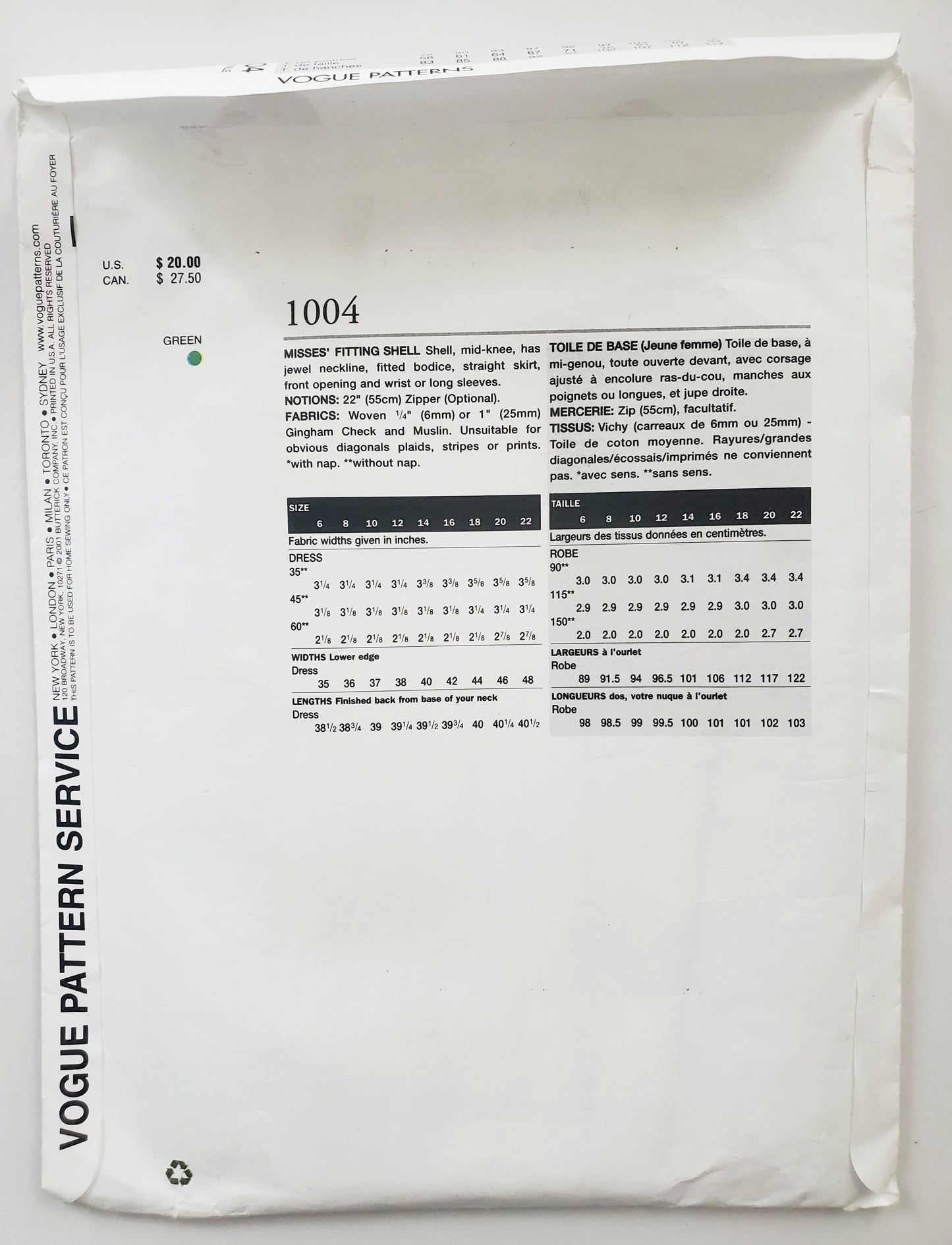 VOGUE Sewing Pattern 1004 Misses Fitting Shell, Dress & Skirt Size 6