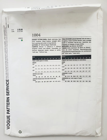 VOGUE Sewing Pattern 1004 Misses Fitting Shell, Dress & Skirt Size 6