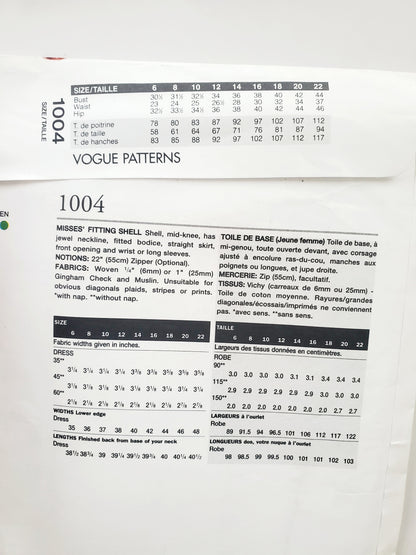VOGUE Sewing Pattern 1004 Misses Fitting Shell, Dress & Skirt Size 6