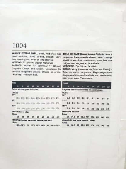 VOGUE Sewing Pattern 1004 Misses Fitting Shell, Dress & Skirt Size 6