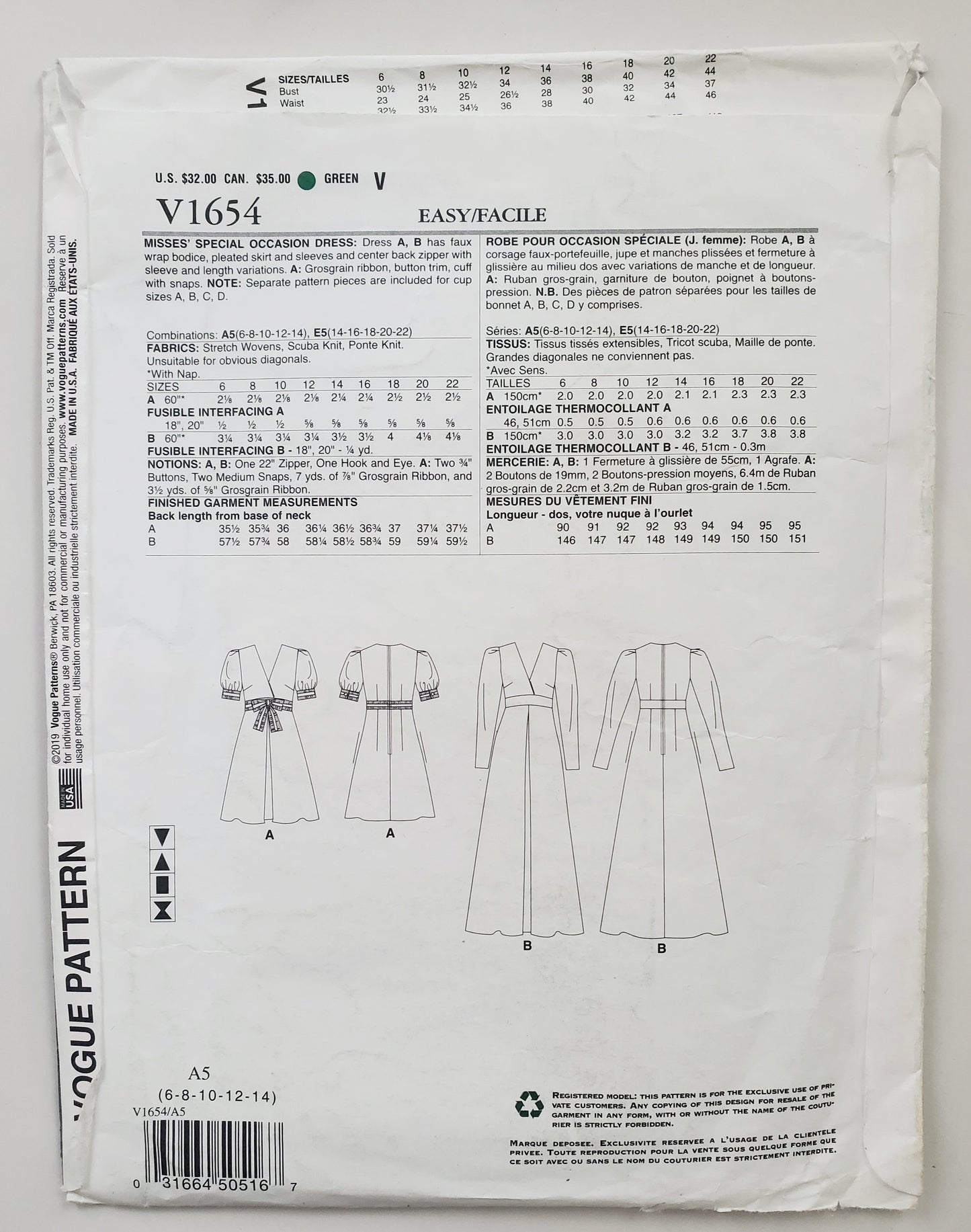 VOGUE PATTERNS, Sewing Pattern V1654, Dress, Special Occasion Dress, Size 6-14