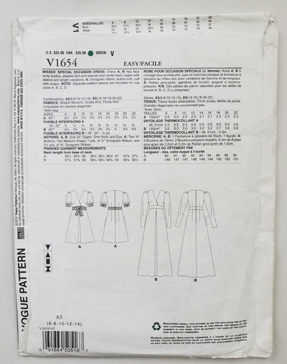 VOGUE PATTERNS, Sewing Pattern V1654, Dress, Special Occasion Dress, Size 6-14