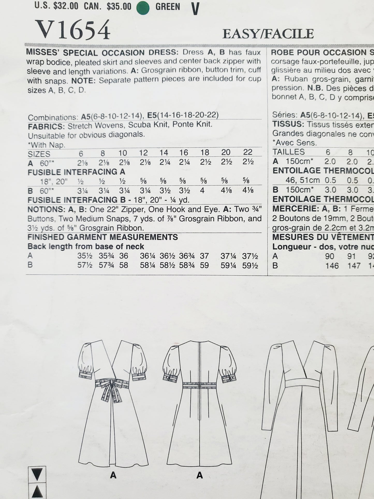 VOGUE PATTERNS, Sewing Pattern V1654, Dress, Special Occasion Dress, Size 6-14