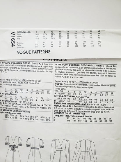 VOGUE PATTERNS, Sewing Pattern V1654, Dress, Special Occasion Dress, Size 6-14