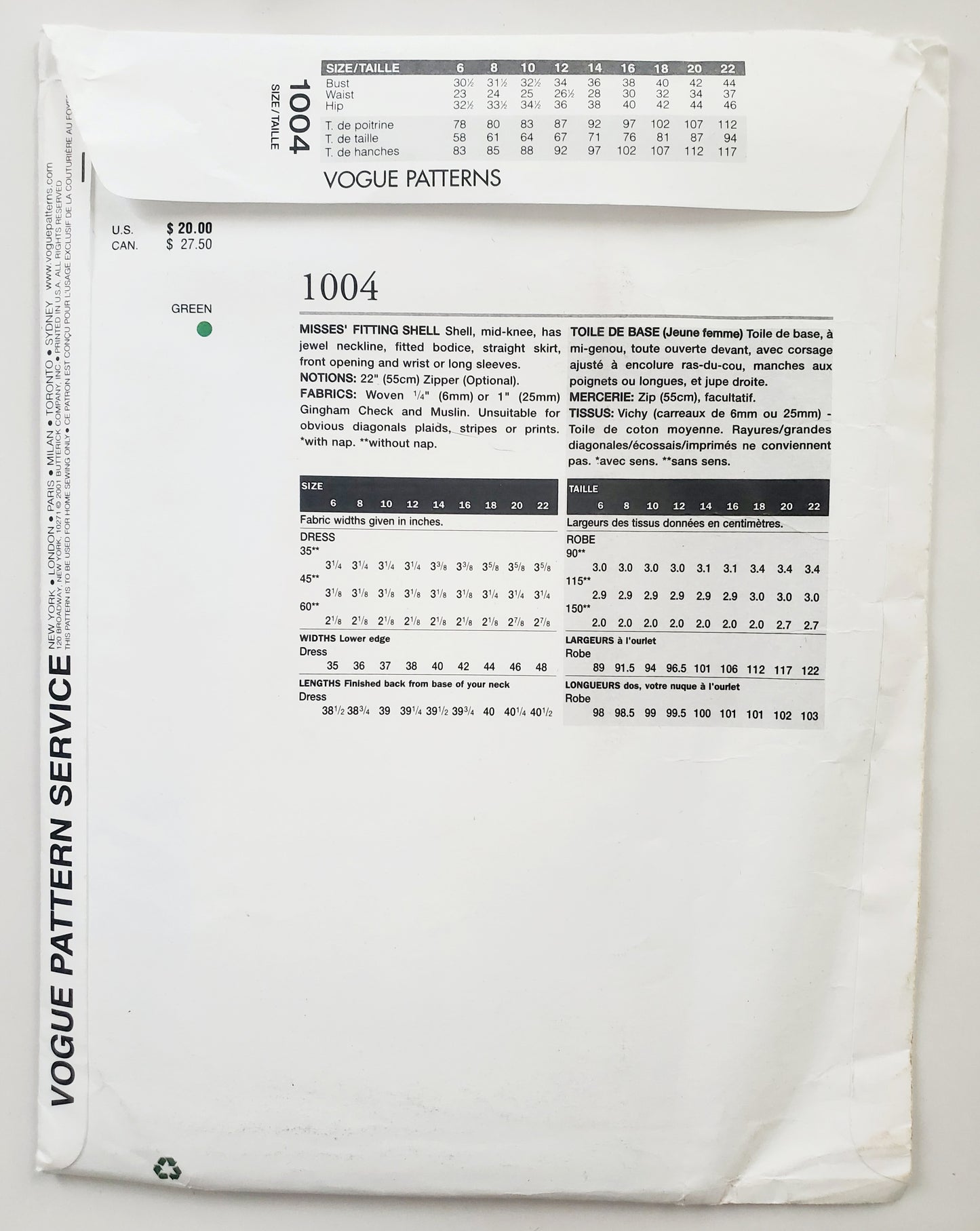 VOGUE Sewing Pattern 1004 Misses Fitting Shell, Dress & Skirt Size 8