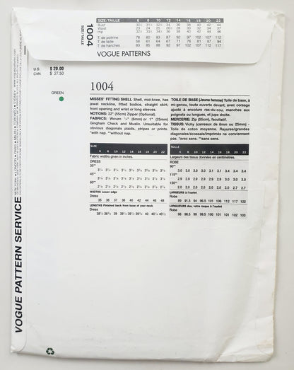 VOGUE Sewing Pattern 1004 Misses Fitting Shell, Dress & Skirt Size 8
