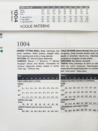 VOGUE Sewing Pattern 1004 Misses Fitting Shell, Dress & Skirt Size 8