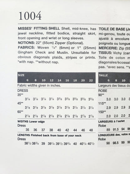 VOGUE Sewing Pattern 1004 Misses Fitting Shell, Dress & Skirt Size 8