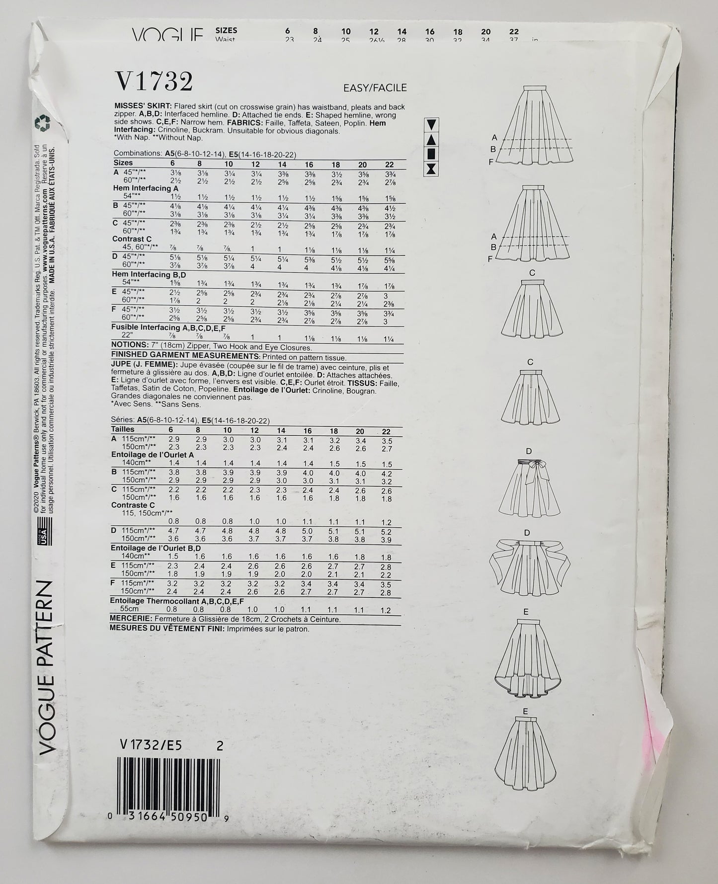 VOGUE PATTERNS, Sewing Pattern V1732, Skirt, Flared Skirt, Pleats, Wide Waistband, Size 14-22