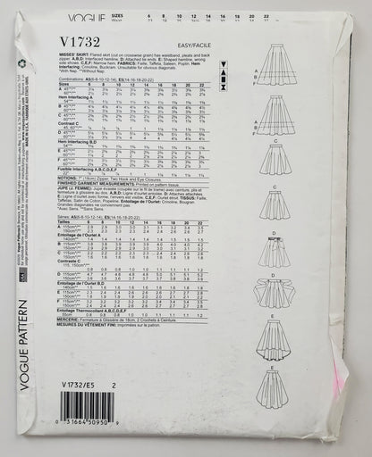 VOGUE PATTERNS, Sewing Pattern V1732, Skirt, Flared Skirt, Pleats, Wide Waistband, Size 14-22