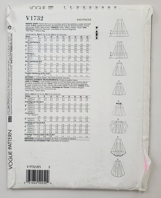 VOGUE PATTERNS, Sewing Pattern V1732, Skirt, Flared Skirt, Pleats, Wide Waistband, Size 14-22