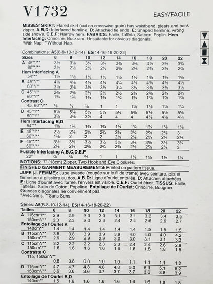 VOGUE PATTERNS, Sewing Pattern V1732, Skirt, Flared Skirt, Pleats, Wide Waistband, Size 6-14