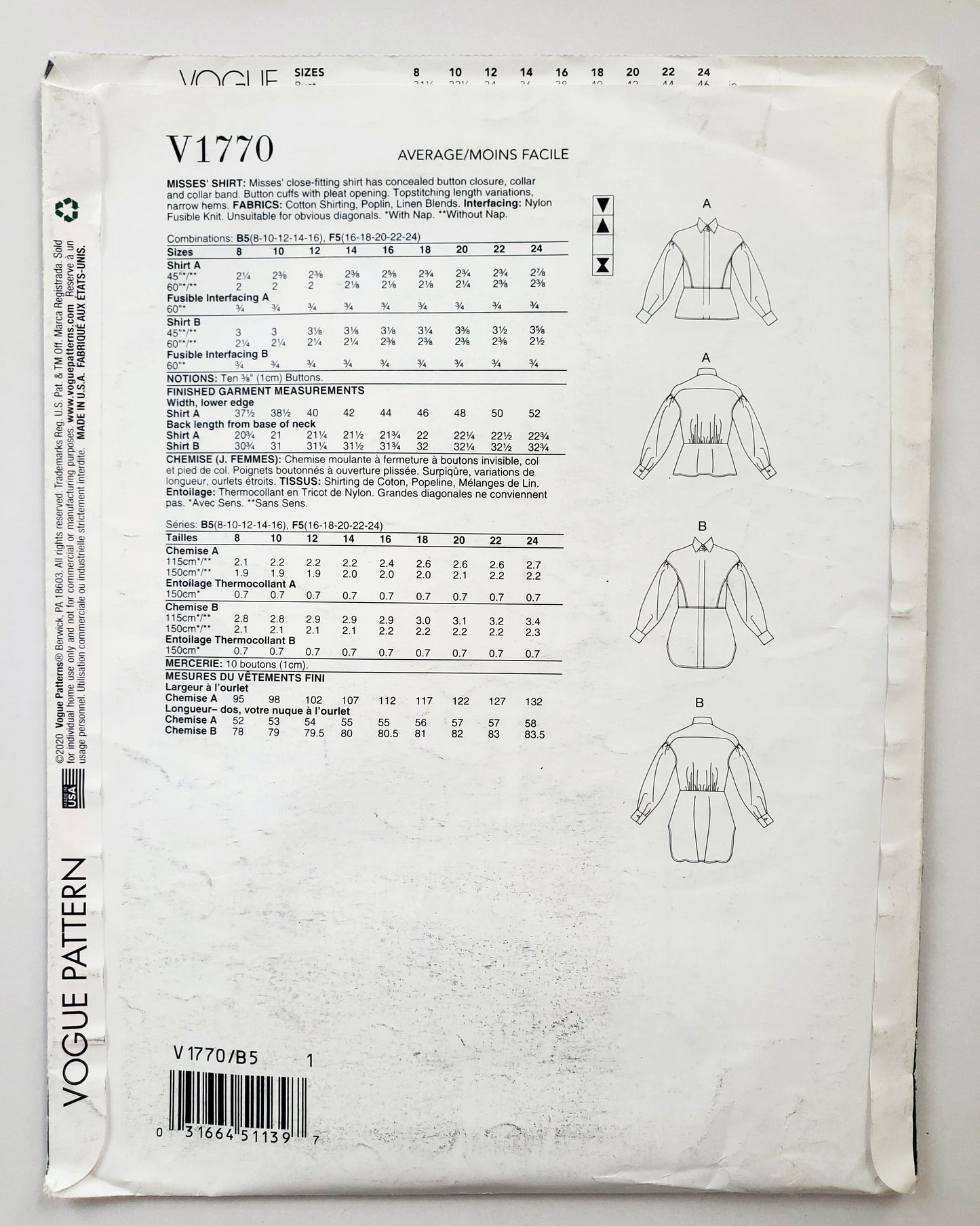VOGUE PATTERNS, Sewing Pattern V1770, Shirt, Close Fitting Shirt, Length Variations, Size 8-16