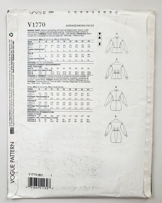VOGUE PATTERNS, Sewing Pattern V1770, Shirt, Close Fitting Shirt, Length Variations, Size 8-16