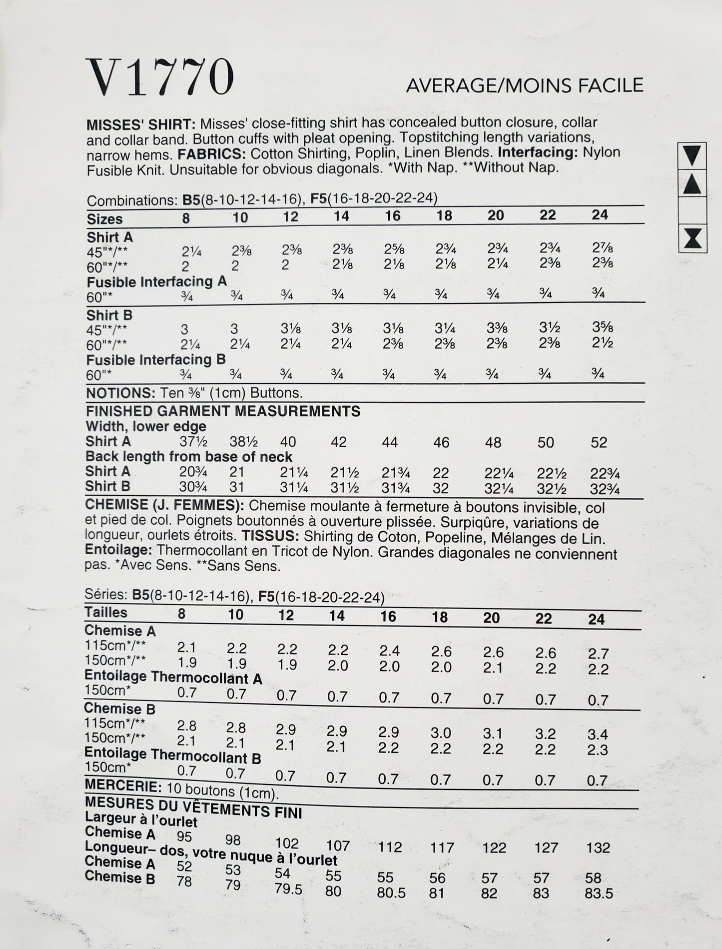 VOGUE PATTERNS, Sewing Pattern V1770, Shirt, Close Fitting Shirt, Length Variations, Size 8-16