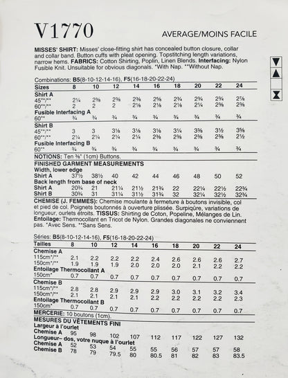 VOGUE PATTERNS, Sewing Pattern V1770, Shirt, Close Fitting Shirt, Length Variations, Size 8-16