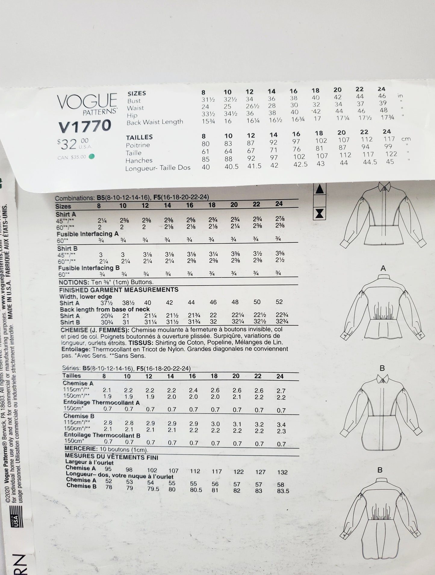 VOGUE PATTERNS, Sewing Pattern V1770, Shirt, Close Fitting Shirt, Length Variations, Size 8-16