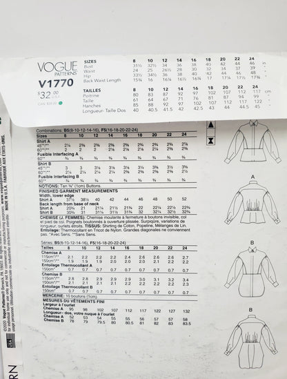 VOGUE PATTERNS, Sewing Pattern V1770, Shirt, Close Fitting Shirt, Length Variations, Size 8-16