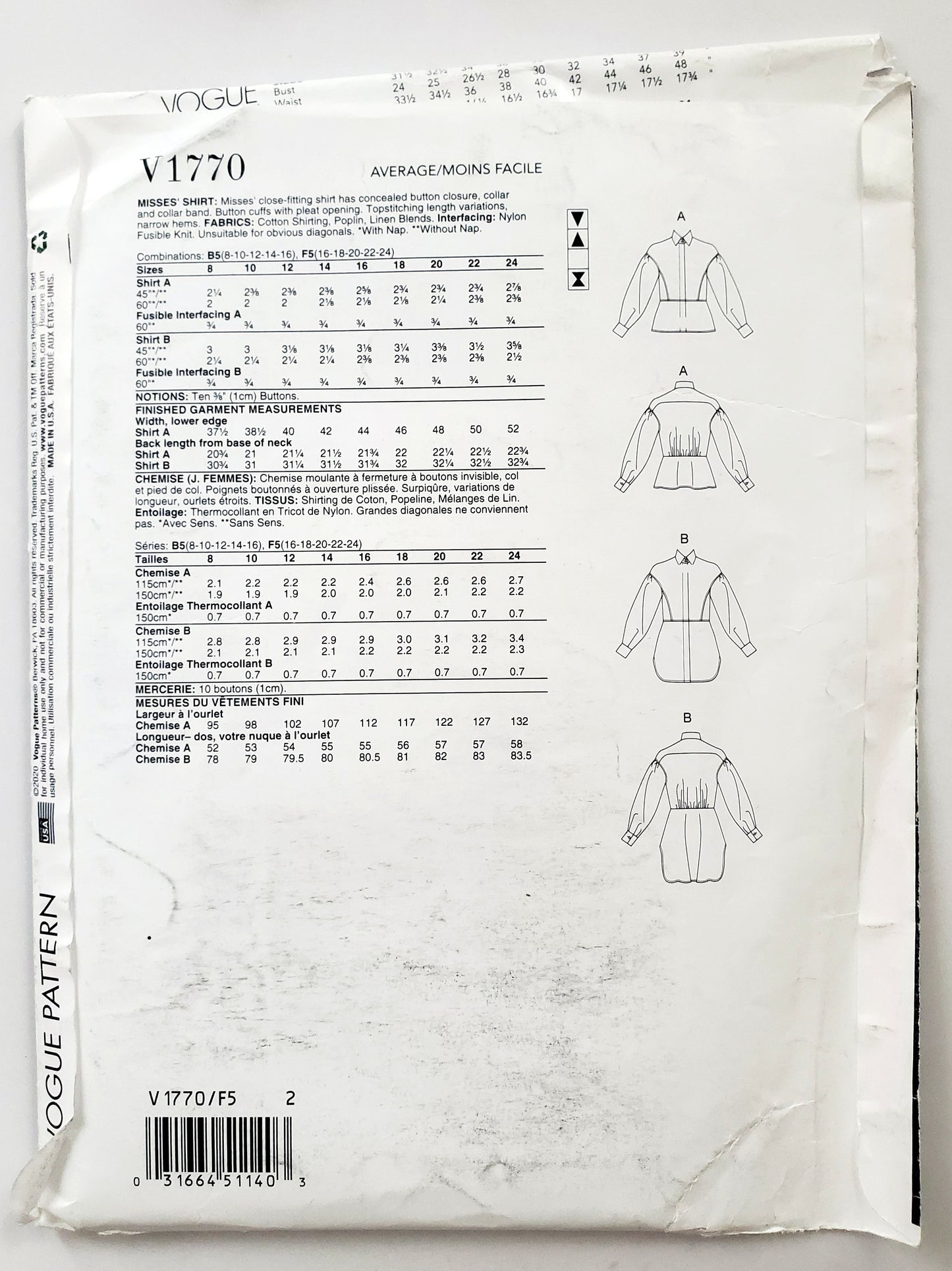 VOGUE PATTERNS, Sewing Pattern V1770, Shirt, Close Fitting Shirt, Length Variations, Size 16-24