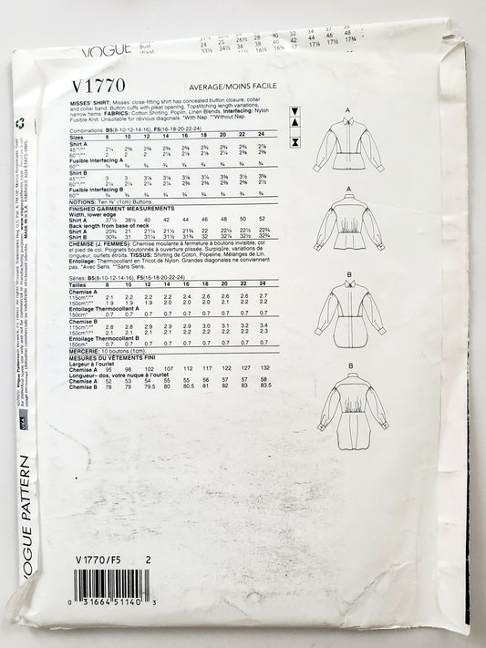 VOGUE PATTERNS, Sewing Pattern V1770, Shirt, Close Fitting Shirt, Length Variations, Size 16-24