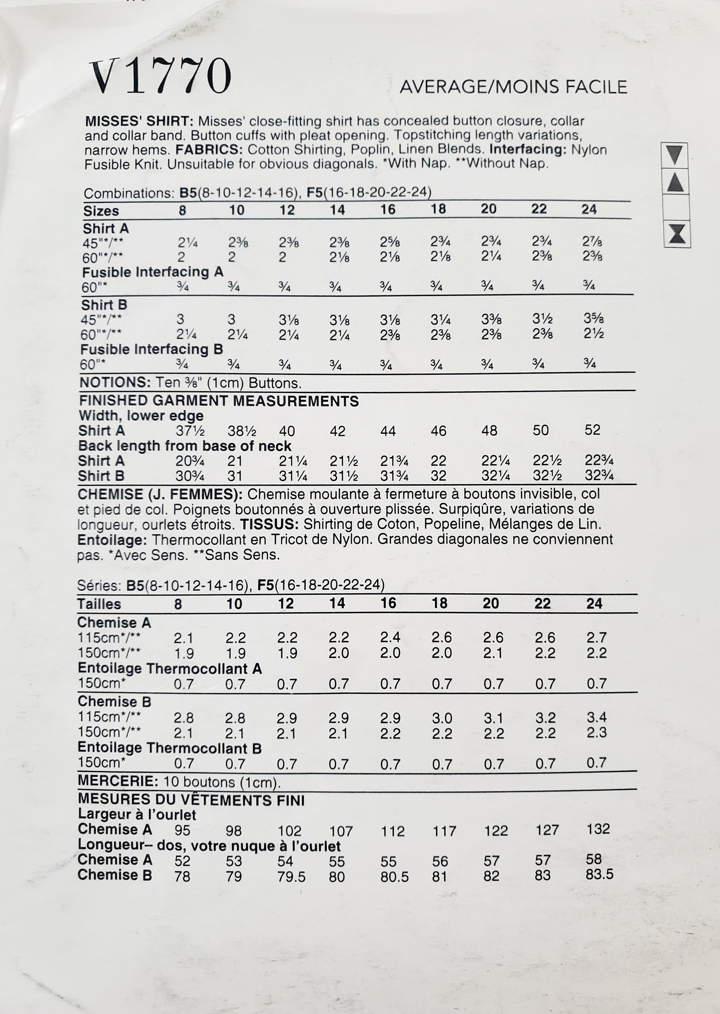 VOGUE PATTERNS, Sewing Pattern V1770, Shirt, Close Fitting Shirt, Length Variations, Size 16-24