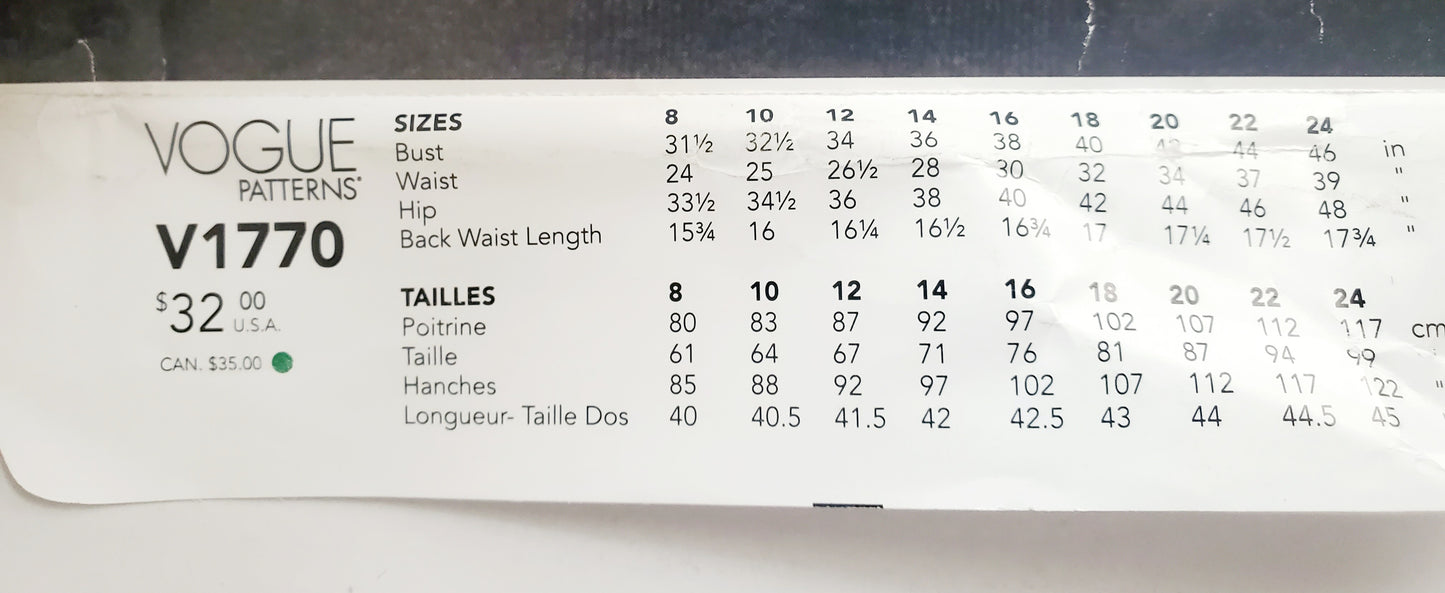 VOGUE PATTERNS, Sewing Pattern V1770, Shirt, Close Fitting Shirt, Length Variations, Size 16-24