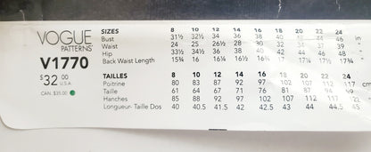 VOGUE PATTERNS, Sewing Pattern V1770, Shirt, Close Fitting Shirt, Length Variations, Size 16-24