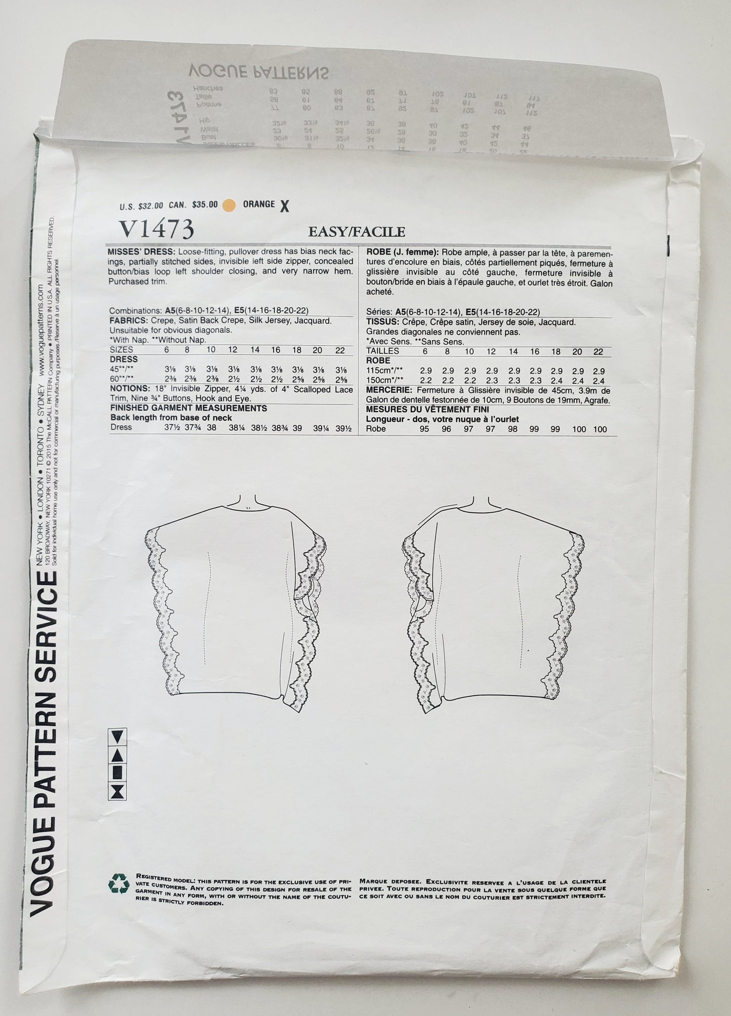 VOGUE PATTERNS, Sewing Pattern 9756, LORCAN MULLANY FOR BELLVILLE SASSOON, DESIGNER ORIGINAL, Dress, Dress with Trim, Size 14-22