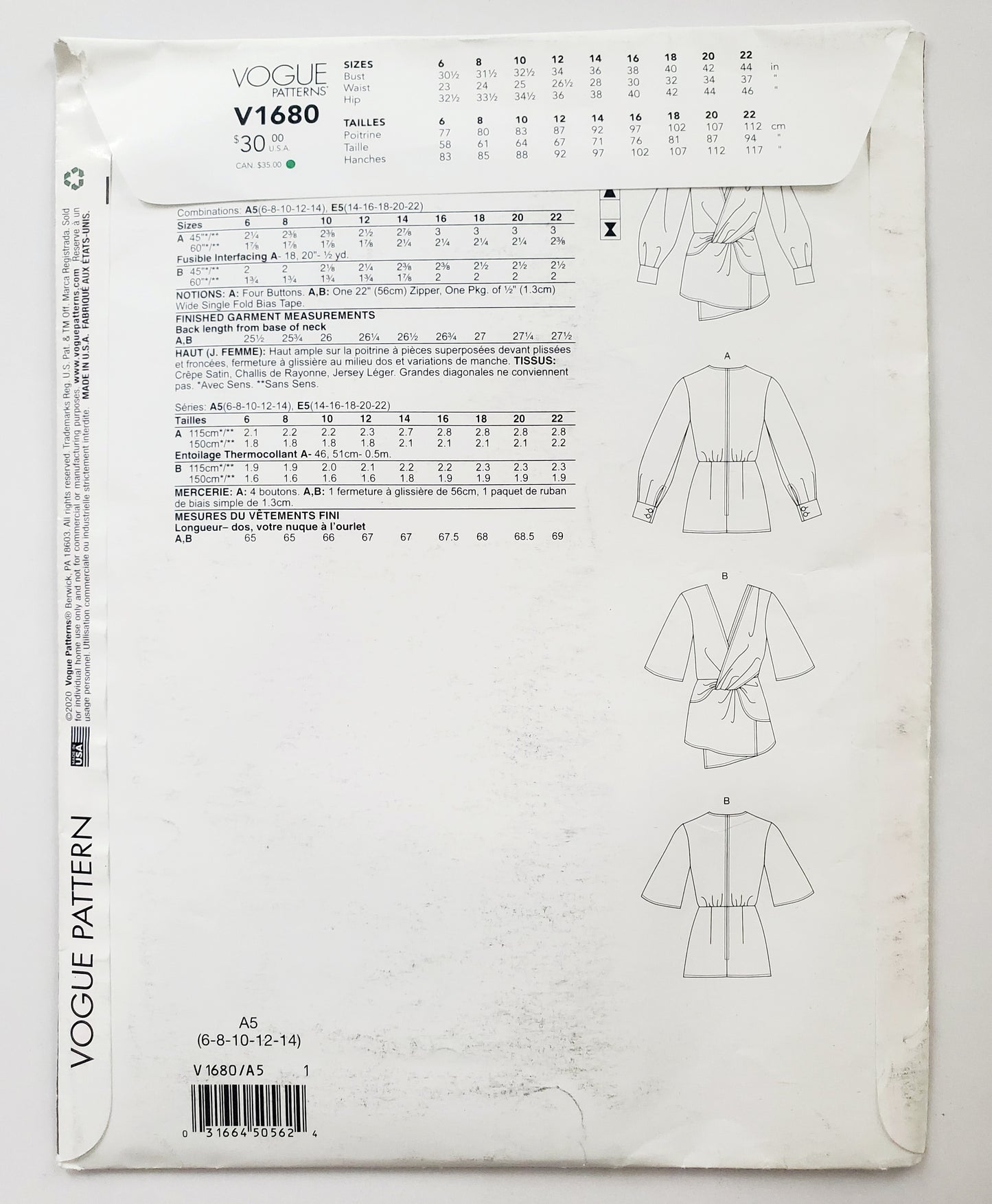 VOGUE PATTERNS, Sewing Pattern V1680, Top with Front Gathers & Overlay, Size 6-14
