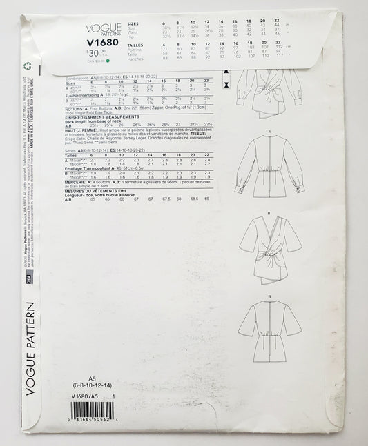 VOGUE PATTERNS, Sewing Pattern V1680, Top with Front Gathers & Overlay, Size 6-14