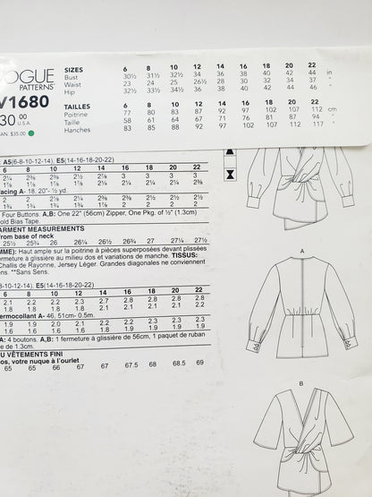 VOGUE PATTERNS, Sewing Pattern V1680, Top with Front Gathers & Overlay, Size 6-14