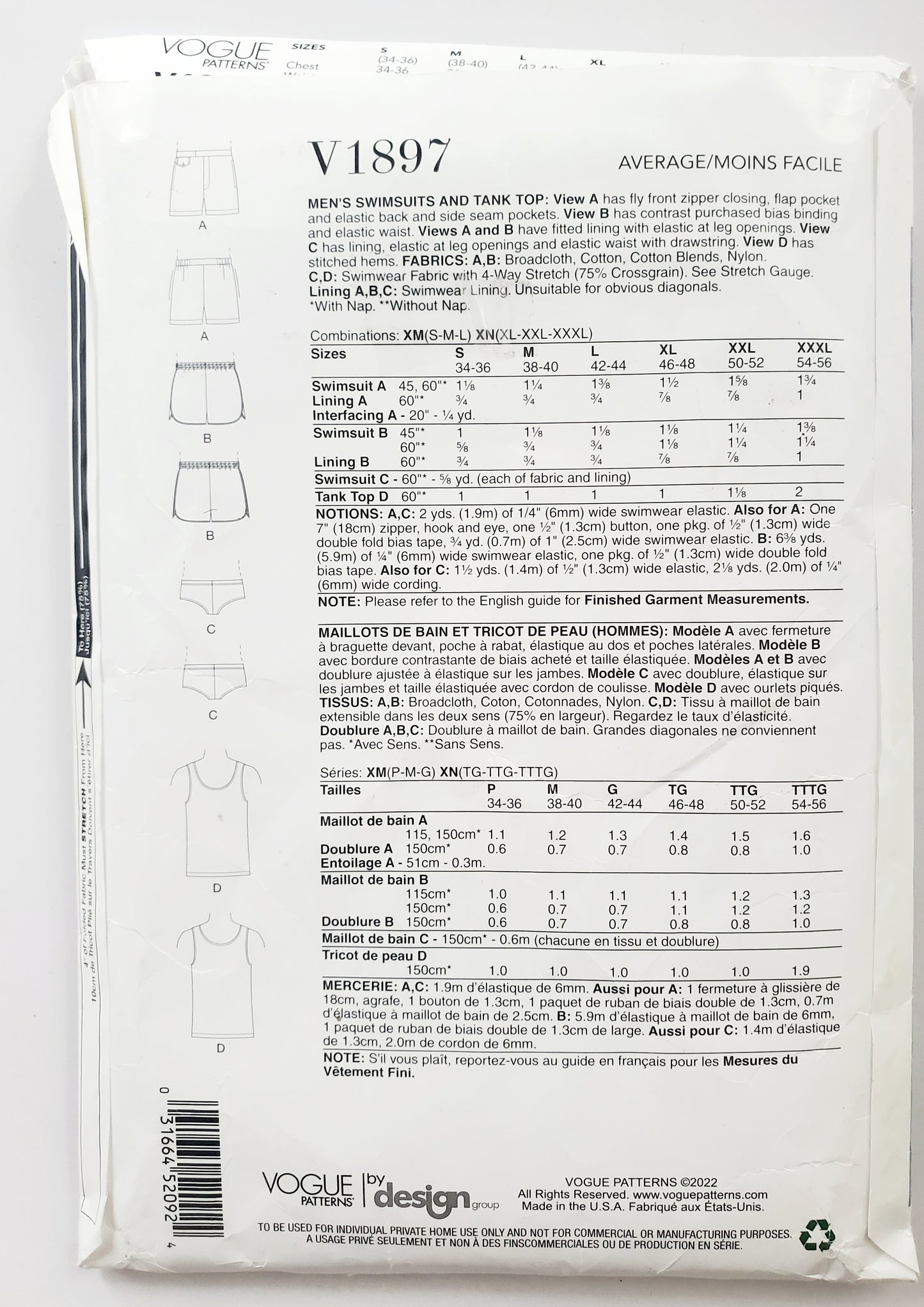 VOGUE Sewing Pattern V1897 Men's Swimsuit, Bathers, Tank Top, Size XLG, XXL, XXXL