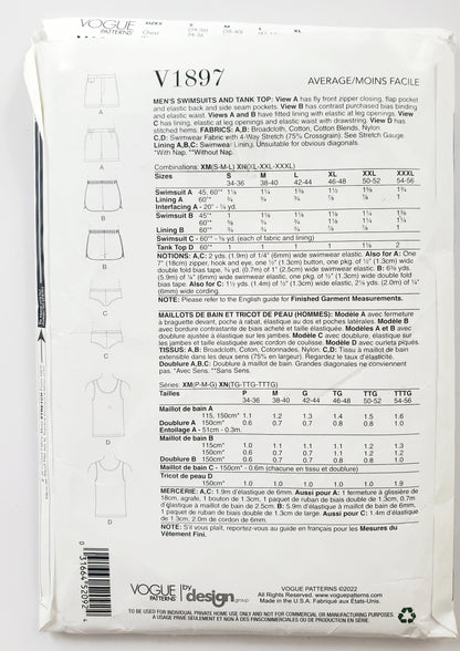 VOGUE Sewing Pattern V1897 Men's Swimsuit, Bathers, Tank Top, Size XLG, XXL, XXXL