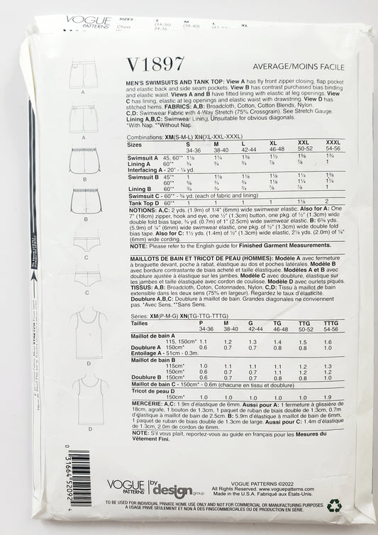 VOGUE Sewing Pattern V1897 Men's Swimsuit, Bathers, Tank Top, Size XLG, XXL, XXXL