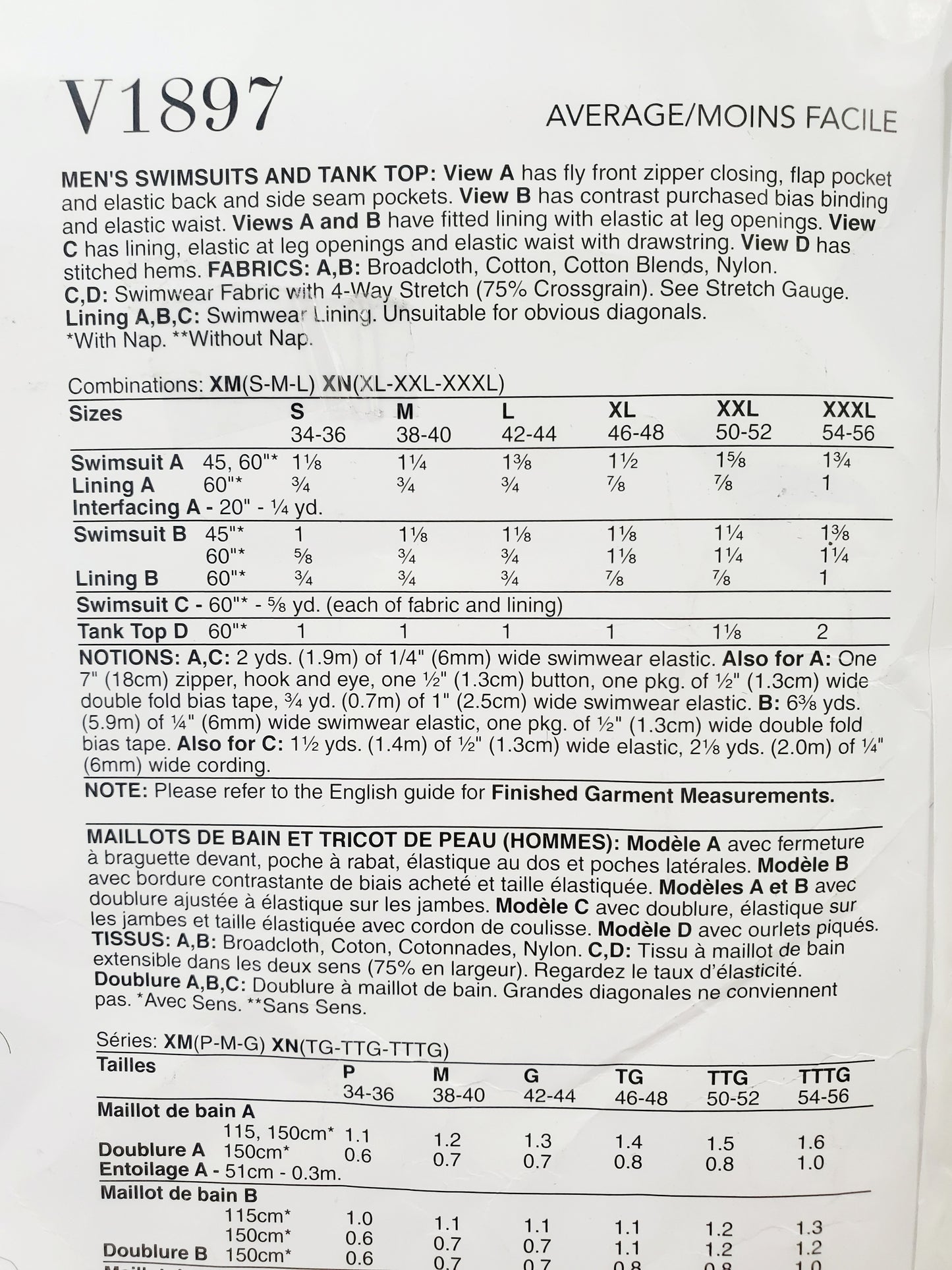 VOGUE Sewing Pattern V1897 Men's Swimsuit, Bathers, Tank Top, Size XLG, XXL, XXXL