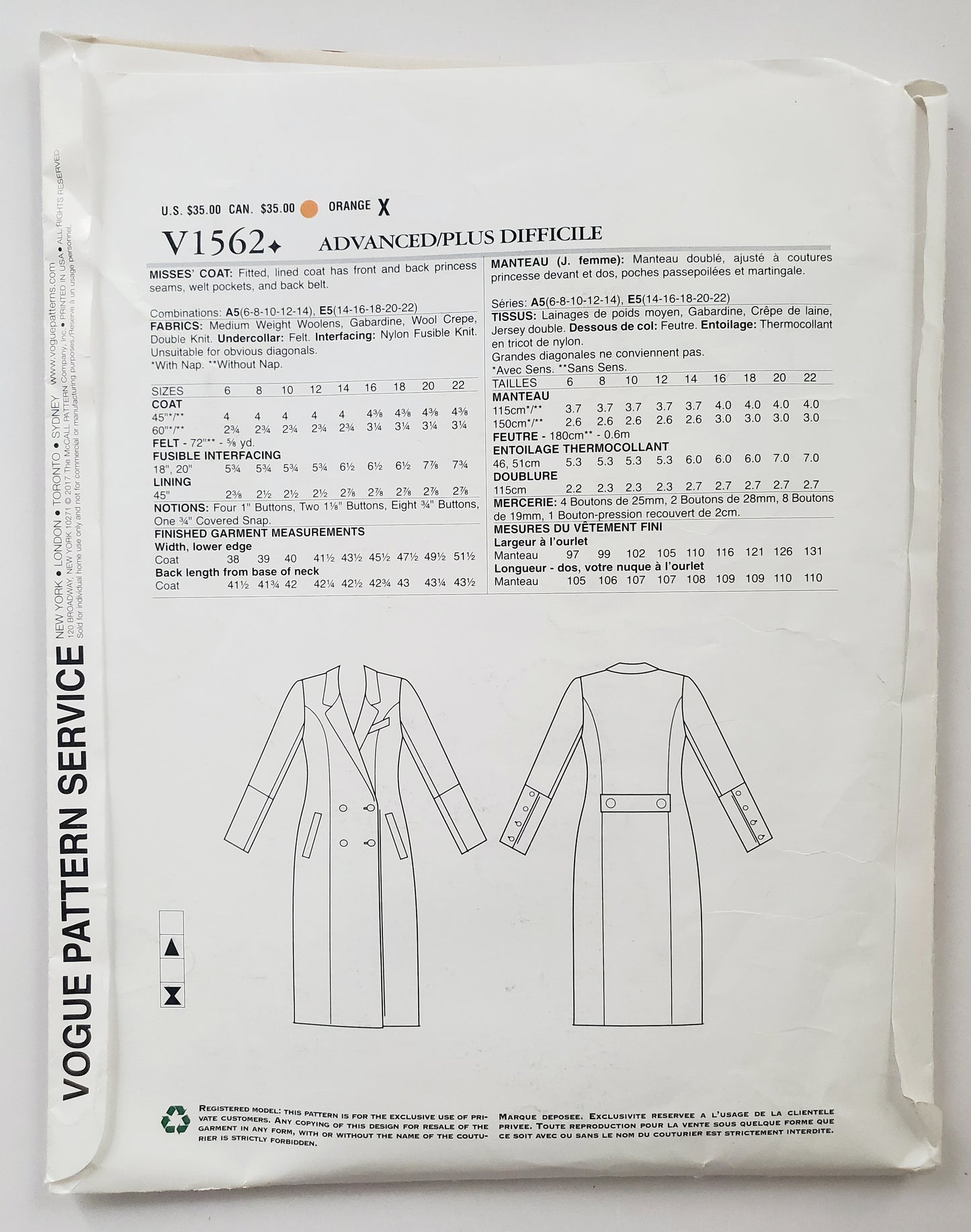 VOGUE PATTERNS, Sewing Pattern V1562, LIALIA BY JULIA ALARCON, DESIGNER ORIGINAL, Coat, Fitted Coat, Lined Coat, Size 6-14