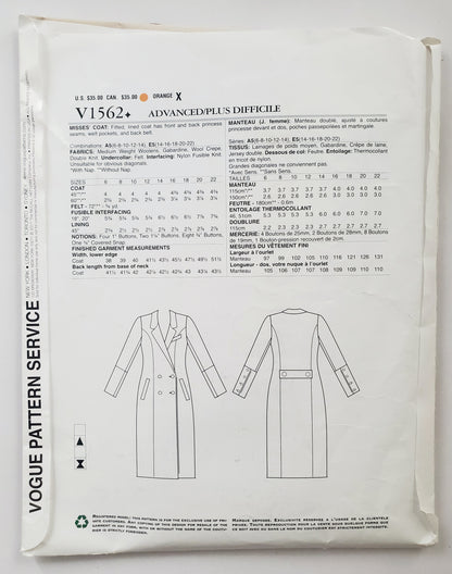 VOGUE PATTERNS, Sewing Pattern V1562, LIALIA BY JULIA ALARCON, DESIGNER ORIGINAL, Coat, Fitted Coat, Lined Coat, Size 6-14