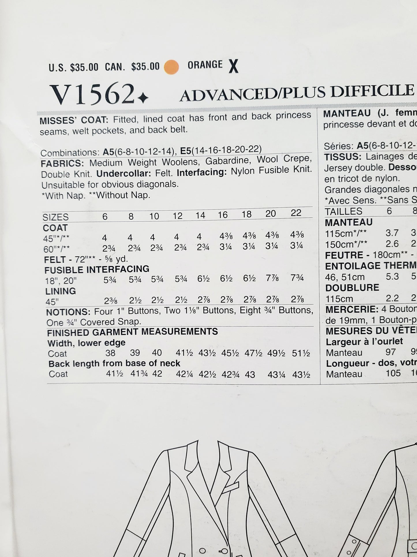 VOGUE PATTERNS, Sewing Pattern V1562, LIALIA BY JULIA ALARCON, DESIGNER ORIGINAL, Coat, Fitted Coat, Lined Coat, Size 6-14