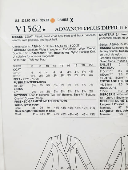 VOGUE PATTERNS, Sewing Pattern V1562, LIALIA BY JULIA ALARCON, DESIGNER ORIGINAL, Coat, Fitted Coat, Lined Coat, Size 6-14