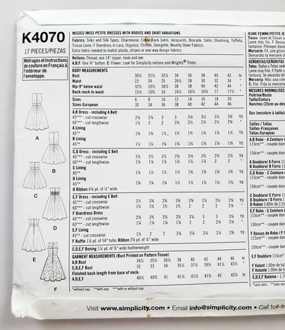 SIMPLICITY Sewing Pattern K4070, Strapless Dress, Dress, Overlay, Size 6-14