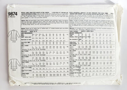 SIMPLICITY Sewing Pattern 9874, Jacket, Lined, Semi-Fitted, Size 10-18