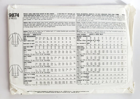 SIMPLICITY Sewing Pattern 9874, Jacket, Lined, Semi-Fitted, Size 10-18